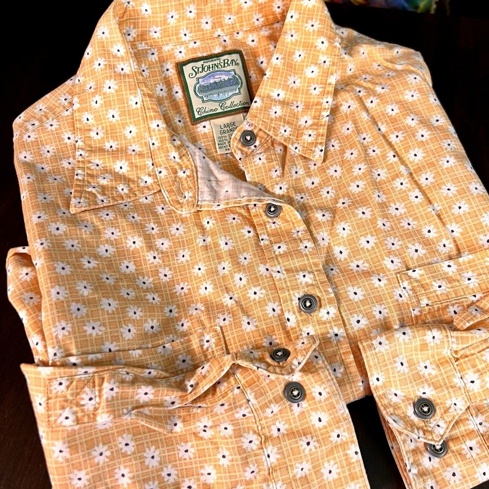 Vintage St. John's Bay Chino‎ Shirt Large Floral Orange Peach Made in Jamaica